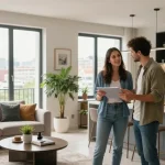 Explore the stylish interior of a modern apartment to buy in Tirana, showcasing a couple discussing property options.