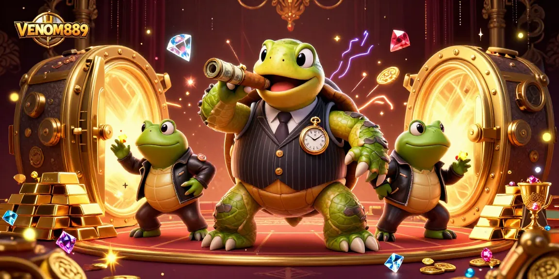 Experiencing the thrill of VENOM889 with dynamic casino characters and golden treasures.