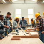 Engaging scene of construction craft training with diverse participants working collaboratively.