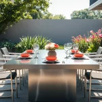 Enjoy stylish stainless steel furniture on a modern outdoor patio with a vibrant setting.