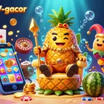 Play exciting games at mahjong777-gacor in a vibrant casino scene with golden pineapple king and engaging elements.