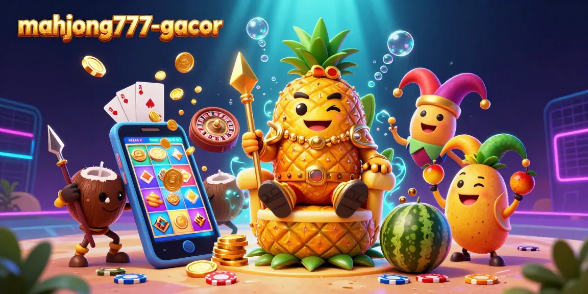 Play exciting games at mahjong777-gacor in a vibrant casino scene with golden pineapple king and engaging elements.