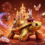 Engage with MPOID's vibrant gaming scene featuring a golden tortoise casino and rabbit dealer.