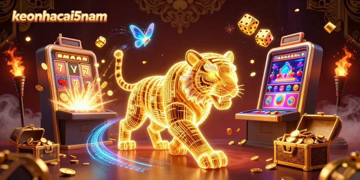 Experience excitement at keonhacai5nam with neon-wireframe characters and jackpot symbols.