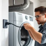 Technician demonstrating a Dryer Hook Up with clear connection features in a bright laundry room.