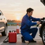 Technician assisting vehicle owner with wrong fuel in car at sunset, showcasing professional roadside service.
