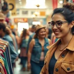 Shop for unique finds at https://thrift-vintage.com/ showcasing a customer in a vintage thrift store.