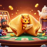 LIGALGO offers thrilling gaming experiences with a dynamic scene showcasing a golden fortune cookie, slot reels, and chip stacks.