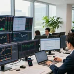 Traders analyzing real time market data in a dynamic trading room filled with multiple screens.