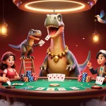 Engage with motchill while enjoying this vibrant casino scene showcasing a brontosaurus and raptor in action.