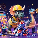 Engaging IDNSCORE illustration with triceratops building poker chips, celebrating gambling excitement.