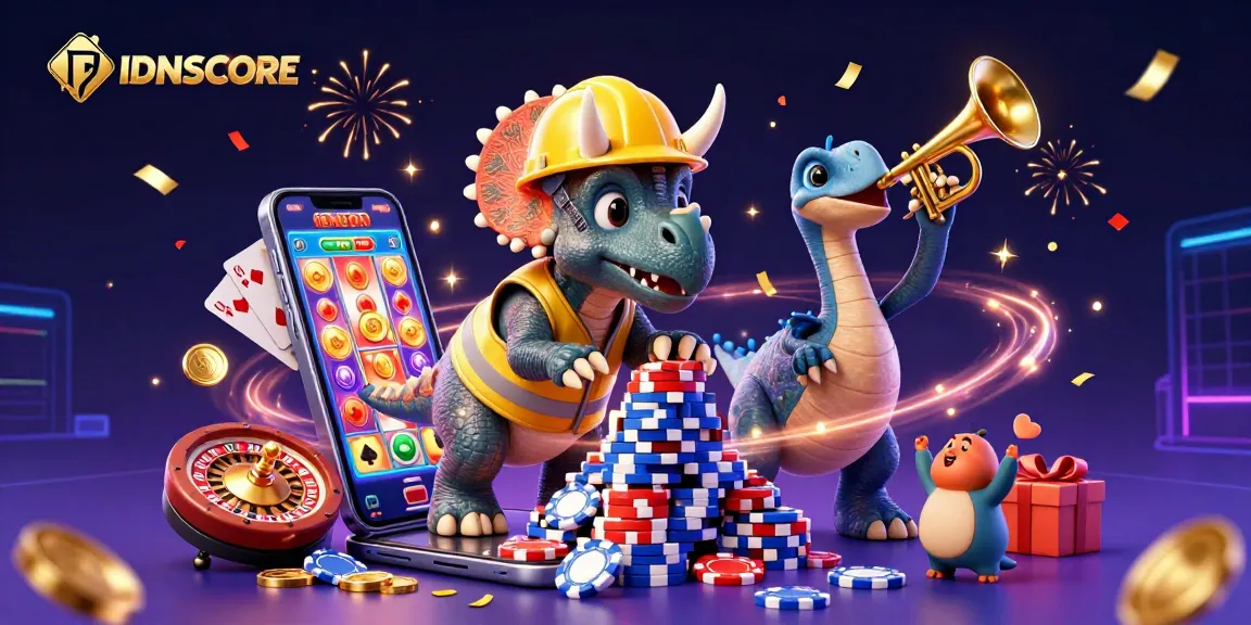 Engaging IDNSCORE illustration with triceratops building poker chips, celebrating gambling excitement.