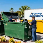 Dumpster rental in Port Charlotte FL showcased with a variety of dumpster sizes and team members efficiently managing waste.