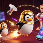 Jouez au casino en ligne avec une image dynamique d'un pingouin doré et des pièces d'or