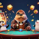 Une scène dynamique de casino en ligne avec un morse en gentleman jouant au poker, entouré de jeux et de symboles de casino.
