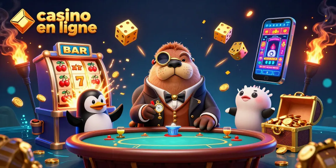 Une scène dynamique de casino en ligne avec un morse en gentleman jouant au poker, entouré de jeux et de symboles de casino.