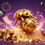 ポーカー オンラインで楽しむためのダイナミックなシーン、金色のコインボールを転がすコガネムシたち
