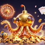Gioca sui siti non AAMS con un'incantevole illustrazione di un kraken d'oro tra monete e fortuna.