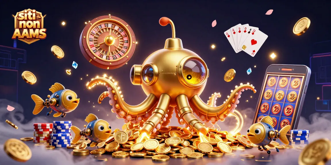 Gioca sui siti non AAMS con un'incantevole illustrazione di un kraken d'oro tra monete e fortuna.