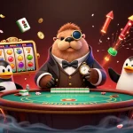 Cette illustration 3D montre le casino en ligne avec un morse victorieux à une table de poker sous-marine.