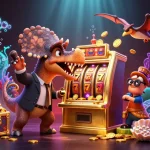 Juego en la lista de casinos online con un dinosaurio alegre y máquinas tragamonedas brillantes