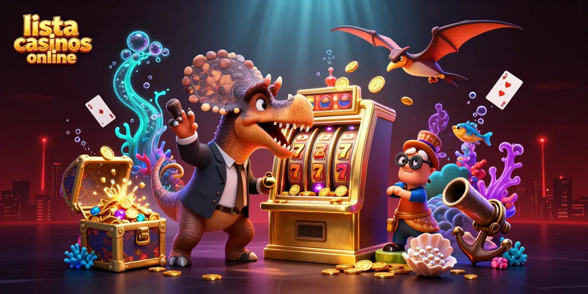 Juego en la lista de casinos online con un dinosaurio alegre y máquinas tragamonedas brillantes