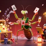 Illustration dynamique de casino en ligne avec un mante religieuse et un preneur de cartes, entouré de pièces d'or et de cartes flottantes.