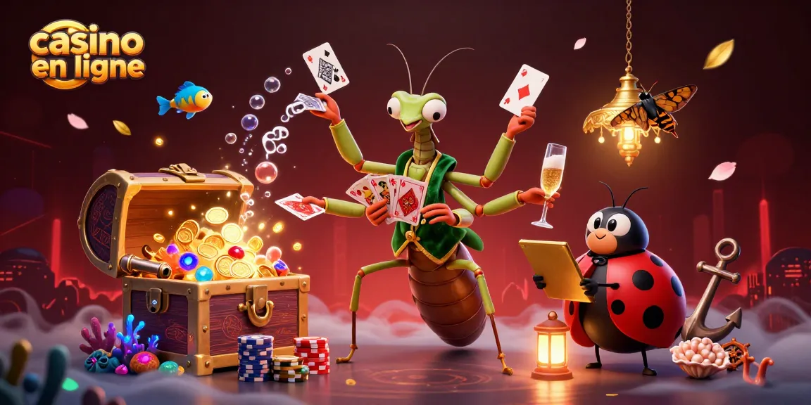 Illustration dynamique de casino en ligne avec un mante religieuse et un preneur de cartes, entouré de pièces d'or et de cartes flottantes.