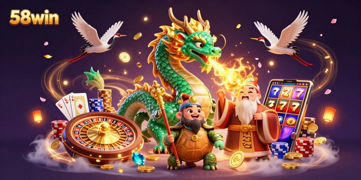 Bet on your luck with 58win's captivating 3D casino illustration filled with coins and symbols.