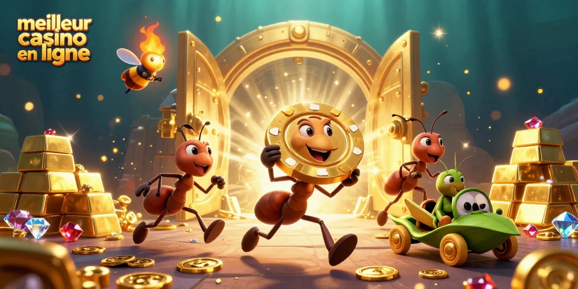 Découvrez le meilleur casino en ligne avec notre équipe animée d'insectes, transportant des jetons de poker dorés.