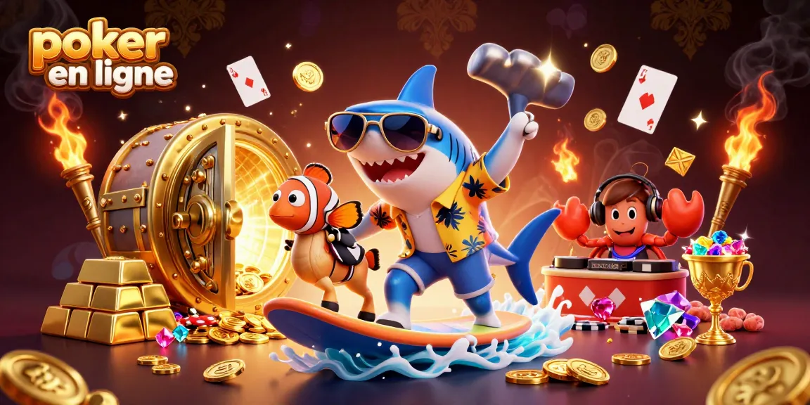 Plongez dans l'univers du poker en ligne avec une scène dynamique et colorée incluant des personnages joueurs et des éléments de jeu.