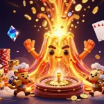 Spin the sun-themed slot machine with treasures erupting in a vibrant casino scene.