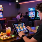 Engaging user experience with JPTOTO online slot game in a modern gaming lounge.