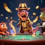 Jouez dans un casino en ligne avec une illustration 3D de dinosaures au blackjack.