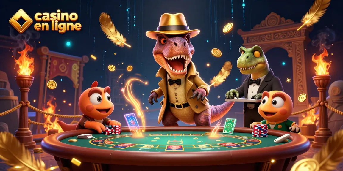 Jouez dans un casino en ligne avec une illustration 3D de dinosaures au blackjack.