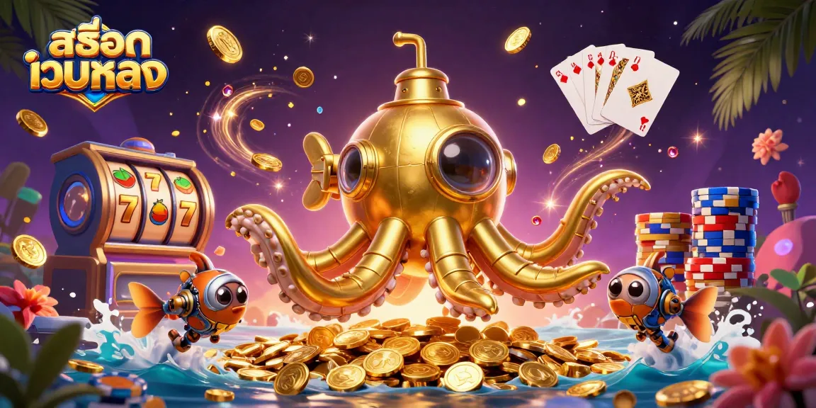 Spin the reels at สล็อตเว็บตรง with a golden kraken submarine and dazzling casino elements.
