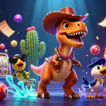 Découvrez des jeux captivants au casino en ligne avec un T-Rex cow-boy et un cactus en pleine action.