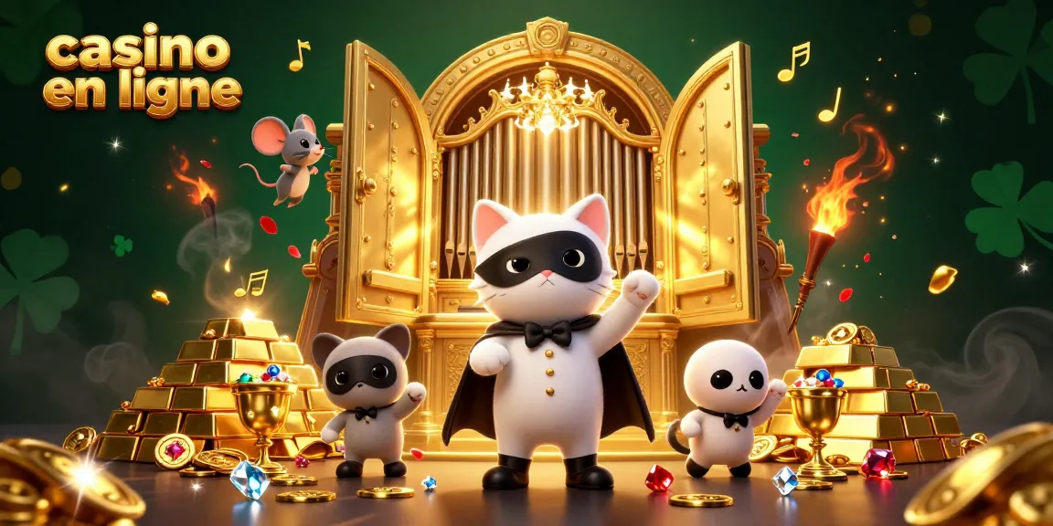 Le casino en ligne offre une scène animée avec un chat fantomatique et un acrobate souris, entourés d'éléments dorés.