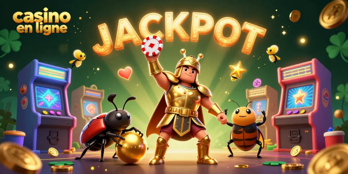 Jouer dans un casino en ligne avec un scarabée guerrier et des jeux d'arcade colorés.