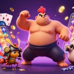 Joue au poker en ligne avec un sumo, un cricket et un tanuki dans une scène festive