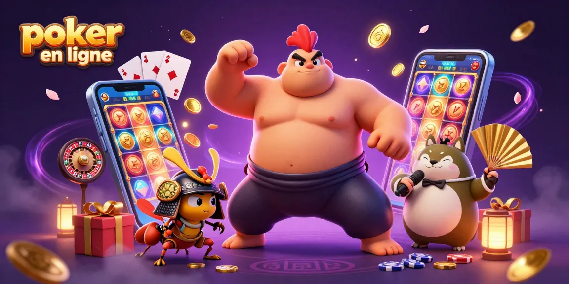 Joue au poker en ligne avec un sumo, un cricket et un tanuki dans une scène festive