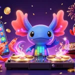 Experience z188's energetic casino atmosphere with a vibrant 3D DJ setup amidst slot game elements.
