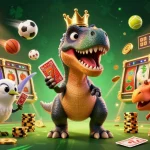 Plongez dans l'univers du casino en ligne avec un T-Rex jouant aux cartes et un triceratops empilant des jetons d'or.