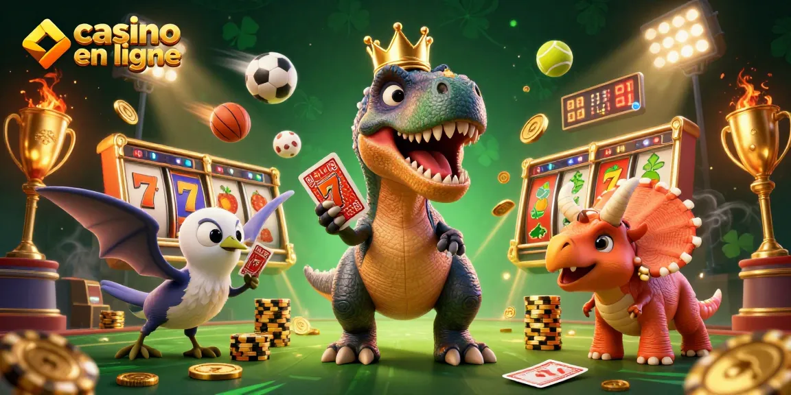 Plongez dans l'univers du casino en ligne avec un T-Rex jouant aux cartes et un triceratops empilant des jetons d'or.