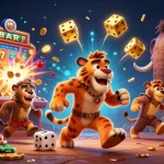 Mejores casas de apuestas: animación 3D de un casino prehistórico con pingüino y efectos de jackpot.