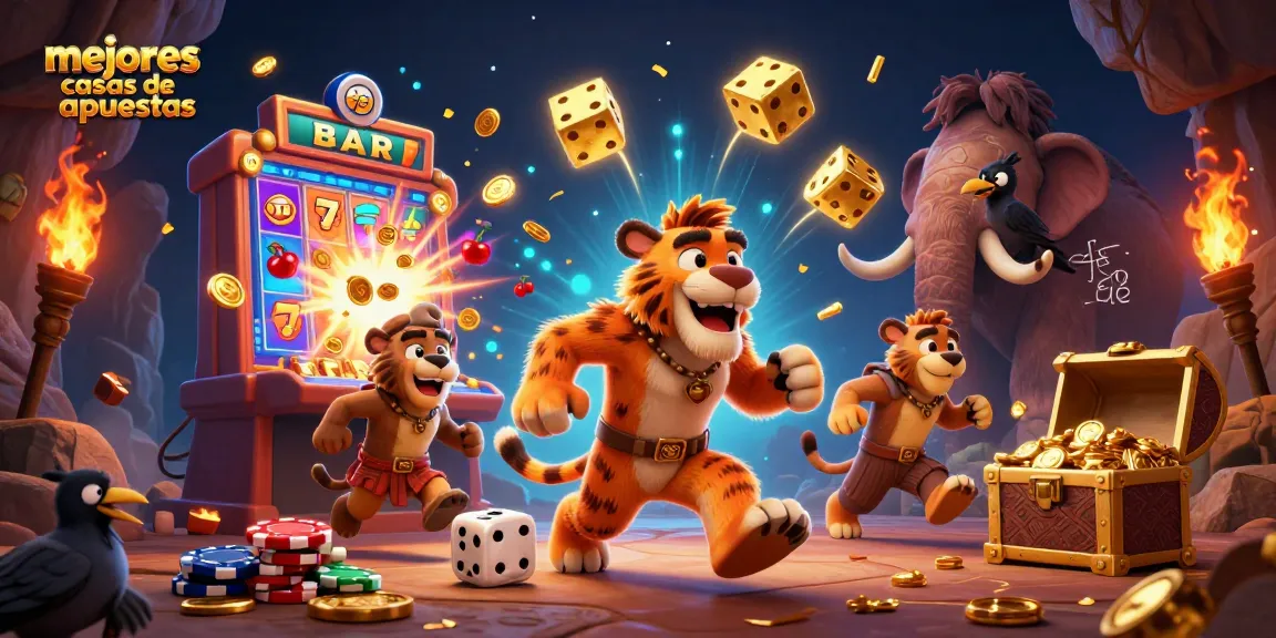 Mejores casas de apuestas: animación 3D de un casino prehistórico con pingüino y efectos de jackpot.