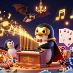 Giocatori esplorano l'emozione dei casino online stranieri non AAMS con un pinguino fantasma d'opera e monete dorate che volano, in un'immagine vivace e coinvolgente.