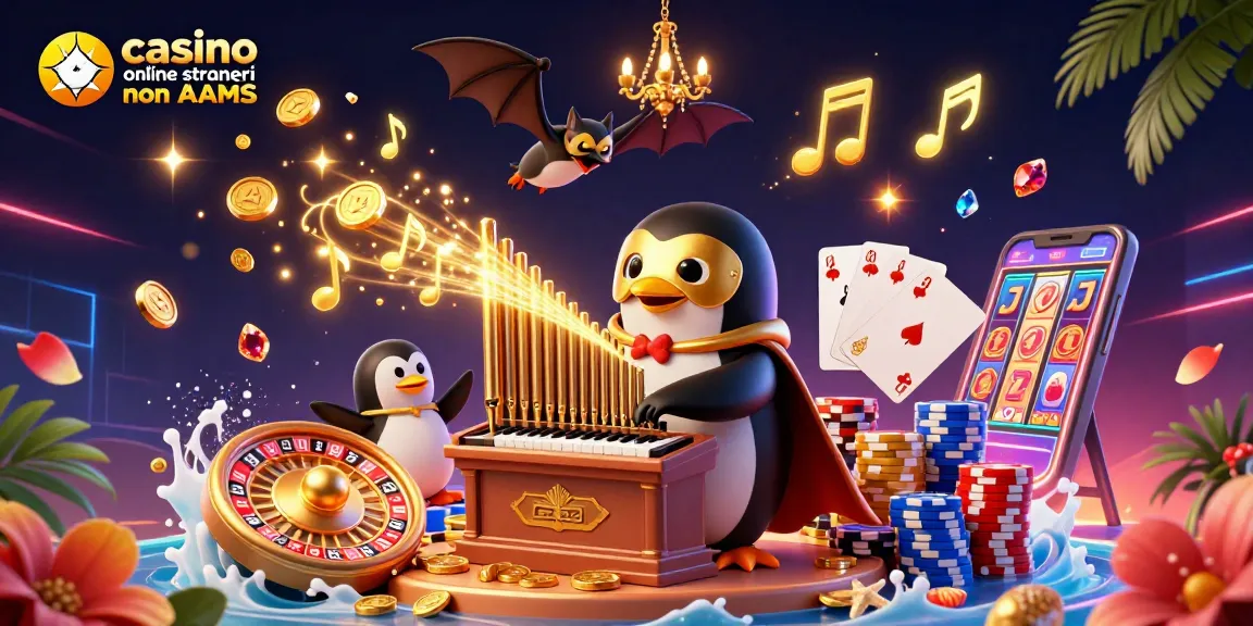 Giocatori esplorano l'emozione dei casino online stranieri non AAMS con un pinguino fantasma d'opera e monete dorate che volano, in un'immagine vivace e coinvolgente.