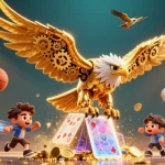 Gioca al casino usdt trc20 con un'aquila dorata tra carte e elementi sportivi in un'illustrazione vivace.