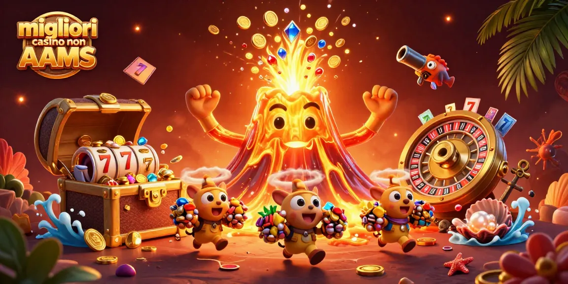 Scopri i migliori casino non AAMS, con una scena vivace di un vulcano d'oro eruttante e avventurosi animali.